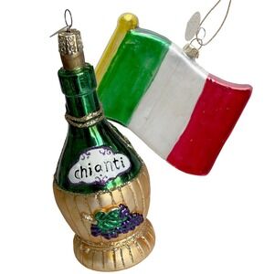 Old World Christmas Chianti Wine Bottle & Italy Flag Blown Glass Set2 Ornaments